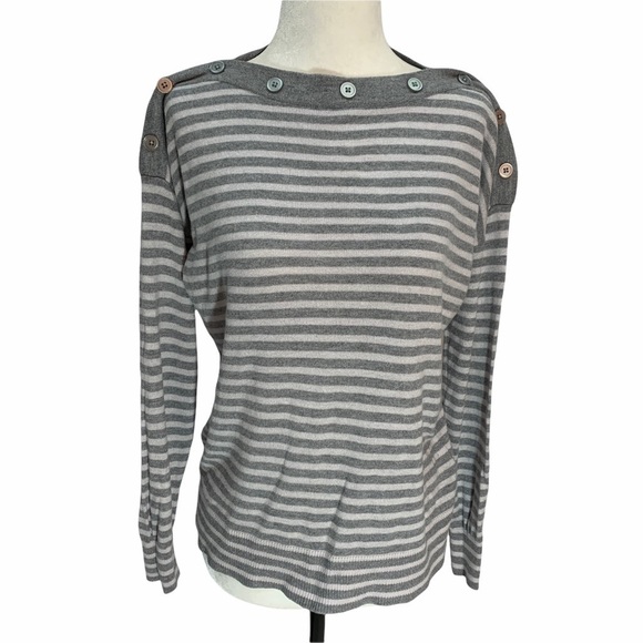 JEANNE Pierre Grey Cashmere Infused Striped Sweater S Oat Neck - Picture 1 of 9